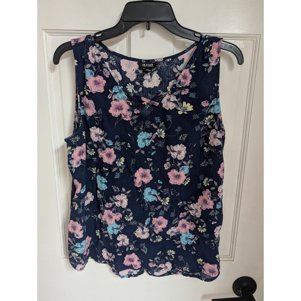 Ana A New Approach Womens Tank, Size L, Navy W/ Flowers